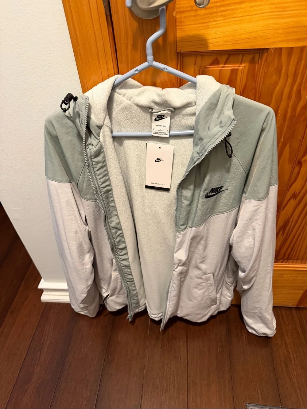 Nike Men’s Two-Tone Hooded Bomber Jacket in Sage Green and White